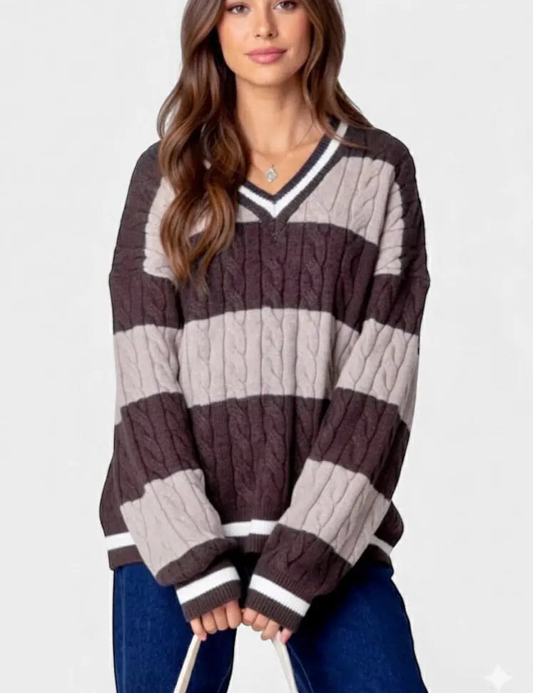 Striped Cable Knit V-Neck Sweater | Sweaters Daverri Fashions
