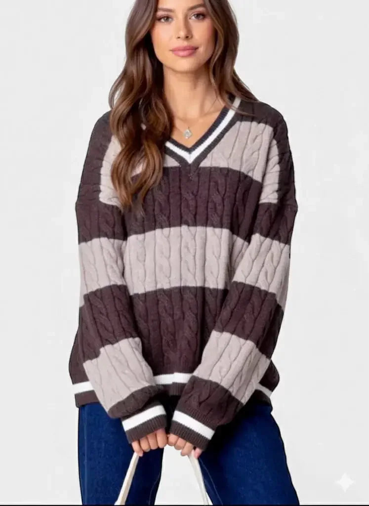 Striped Cable Knit V-Neck Sweater - DAVERRI FASHIONS
