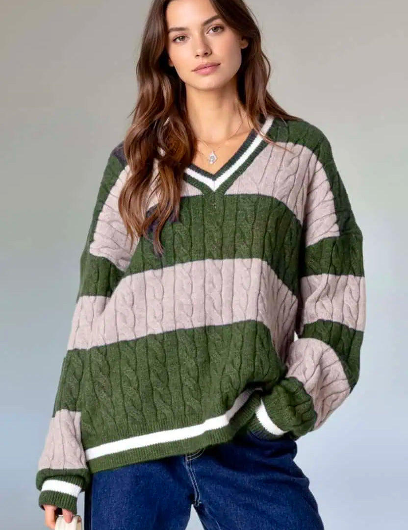 Striped Cable Knit V-Neck Sweater | Sweaters Daverri Fashions