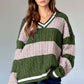 Striped Cable Knit V-Neck Sweater - DAVERRI FASHIONS