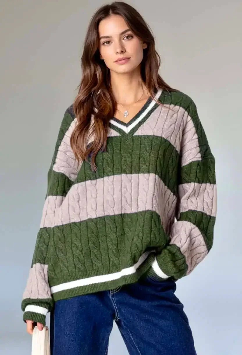 Striped Cable Knit V-Neck Sweater - DAVERRI FASHIONS