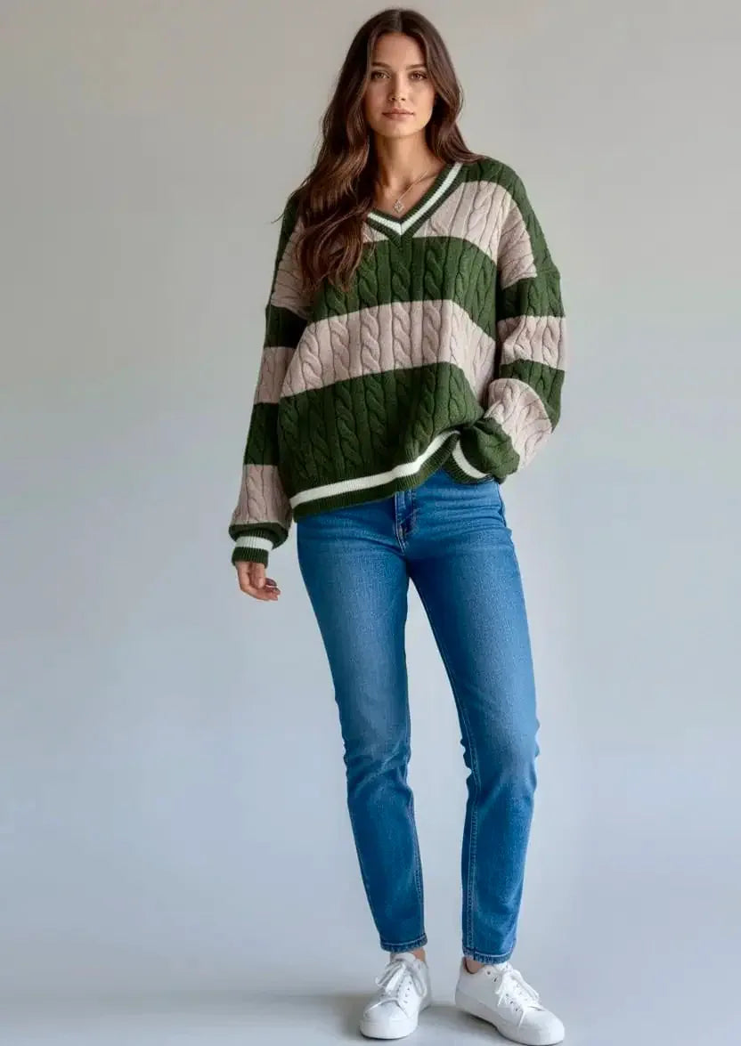 Striped Cable Knit V-Neck Sweater - DAVERRI FASHIONS