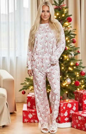Santa Print Long Sleeve Top and Pants Lounge Set | Loungewear Sets Daverri Fashions