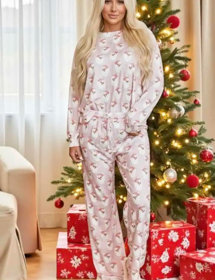 Santa Print Long Sleeve Top and Pants Lounge Set | Loungewear Sets Daverri Fashions