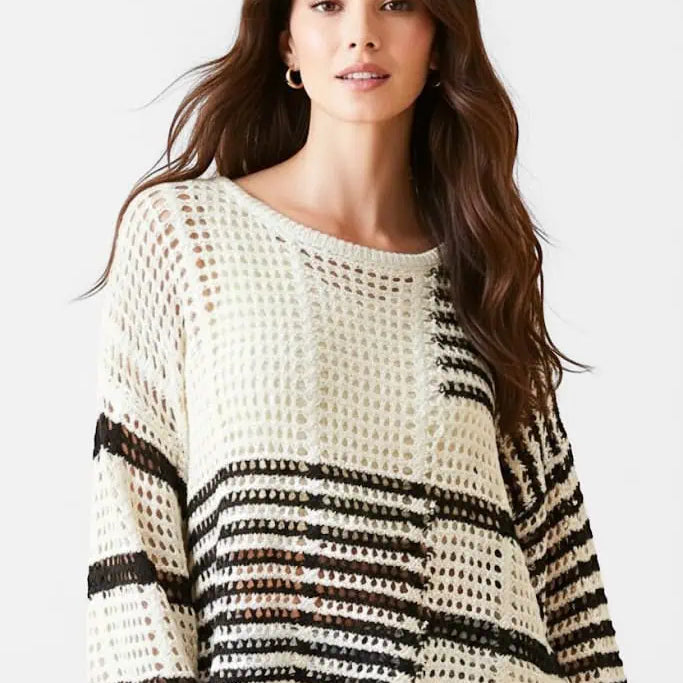 Contrast Striped Crochet Long Sleeve Knit Cover Up | Cover-Ups Daverri Fashions