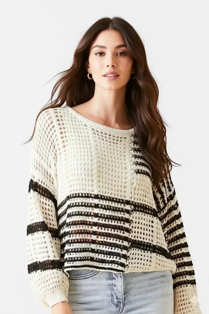 Contrast Striped Crochet Long Sleeve Knit Cover Up - DAVERRI FASHIONS