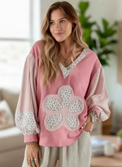 Pink and white floral V-neck sweatshirt with lace trim and fleece