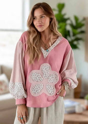 Floral Patch V-Neck Sweatshirt | Sweatshirts Daverri Fashions