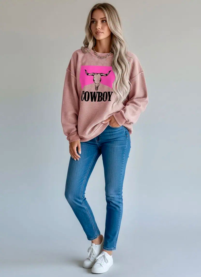 COWBOY Graphic Round Neck Sweatshirt | Sweatshirts Daverri Fashions