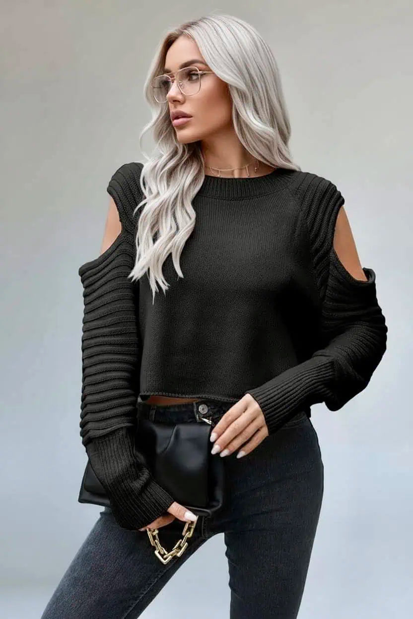 Cold-Shoulder Ribbed Trim Sweater | Sweaters Daverri Fashions