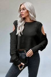 Cold-Shoulder Ribbed Trim Sweater | Sweaters Daverri Fashions