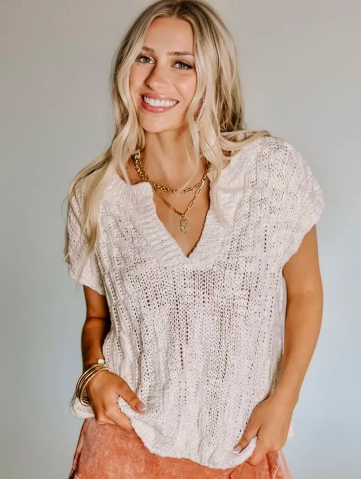Notched Short Sleeve Sweater | Sweaters Daverri Fashions