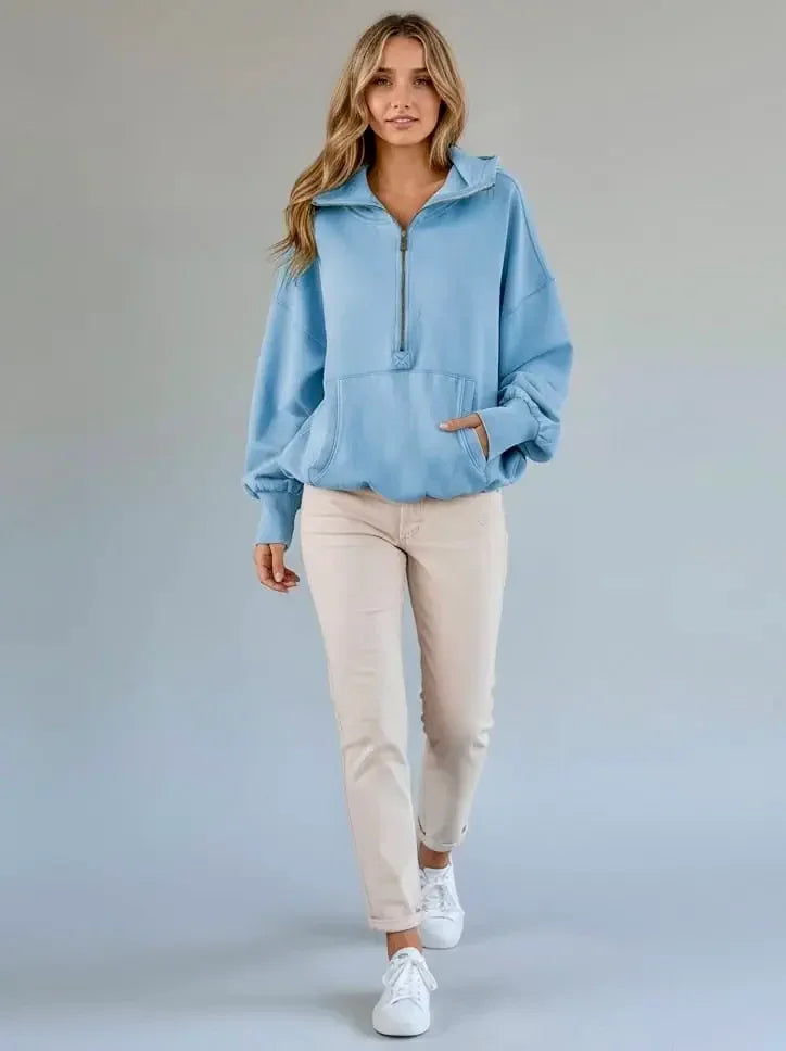 BiBi Stitch Detailed Elastic Hem Half Zip Fleece Hoodie Blue - DAVERRI FASHIONS