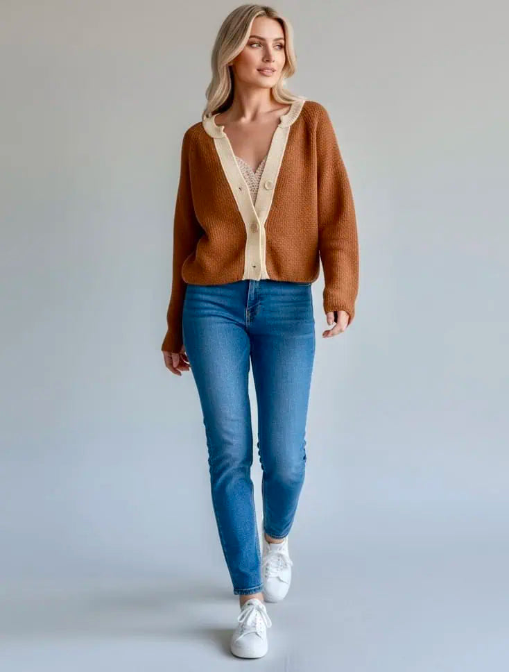 Contrast Knit V Neckline Cardigan | Cardigans Daverri Fashions