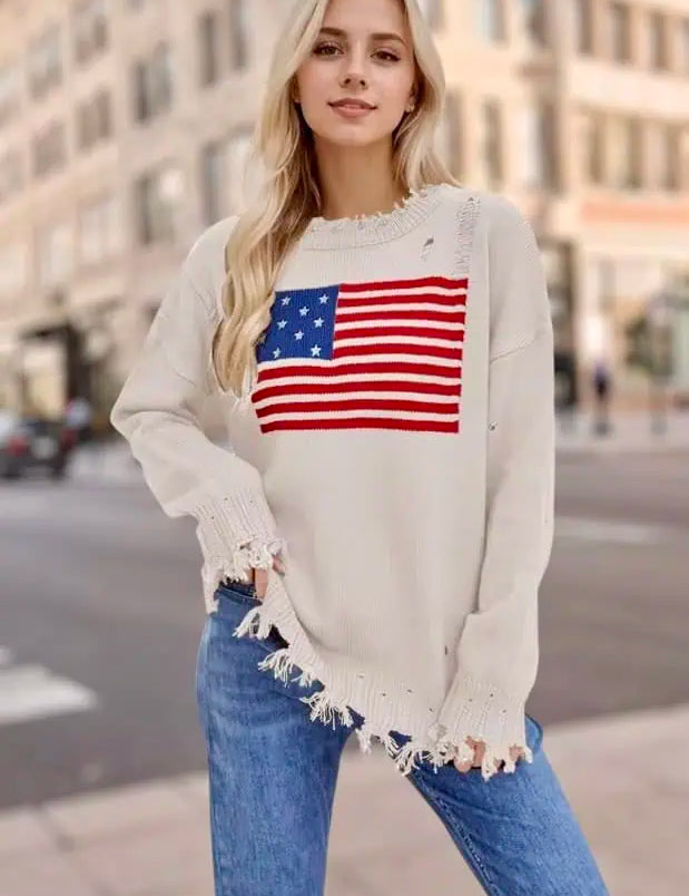 US Flag Distressed Round Neck Long Sleeve Sweater | Sweaters Daverri Fashions