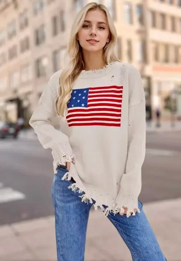 US Flag Distressed Round Neck Long Sleeve Sweater - DAVERRI FASHIONS