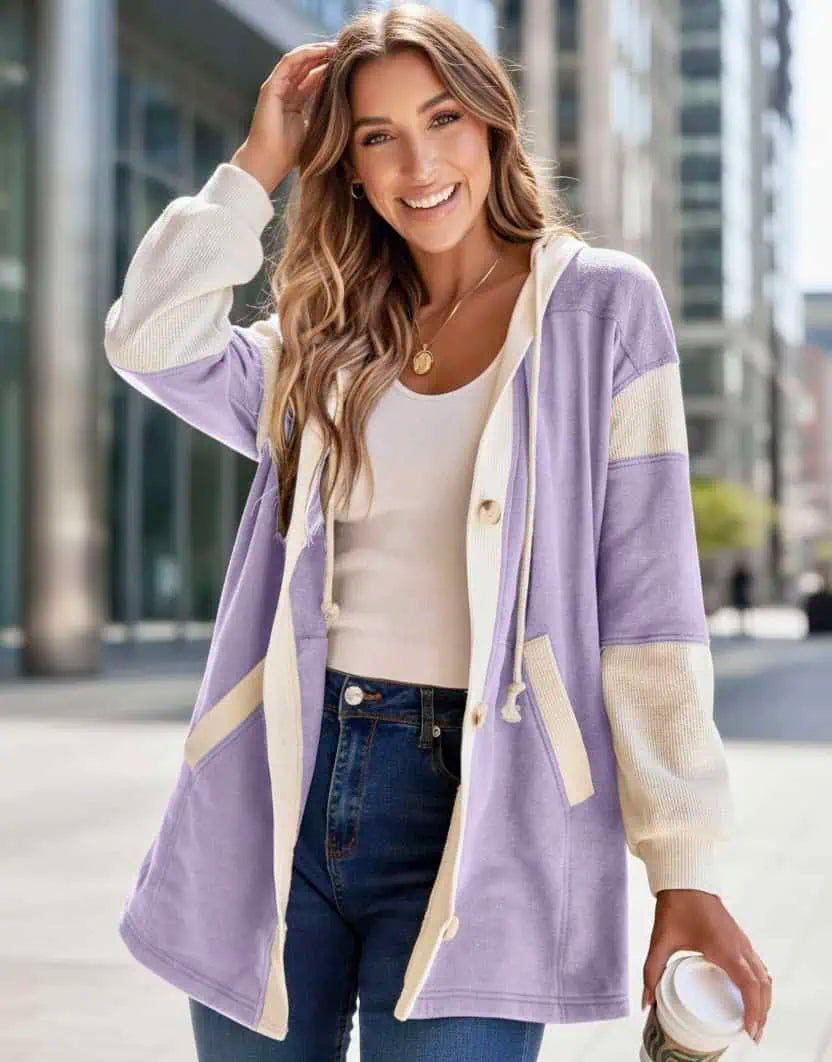 Waffle Contrast Knit Color Block Patchwork Button Front Oversize Hoodie | Hoodies Daverri Fashions