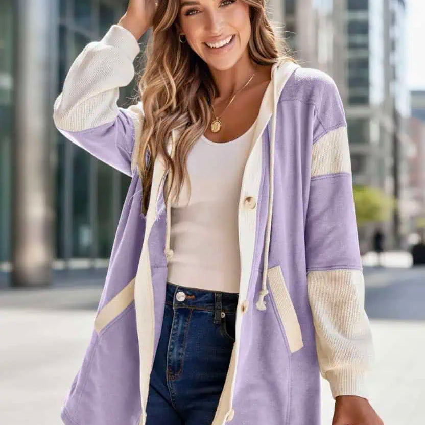 Waffle Contrast Knit Color Block Patchwork Button Front Oversize Hoodie | Hoodies Daverri Fashions