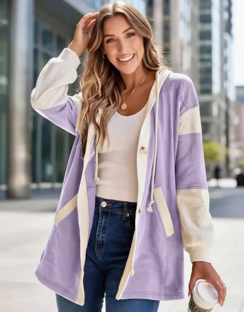 Waffle Contrast Knit Color Block Patchwork Button Front Oversize Hoodie - DAVERRI FASHIONS