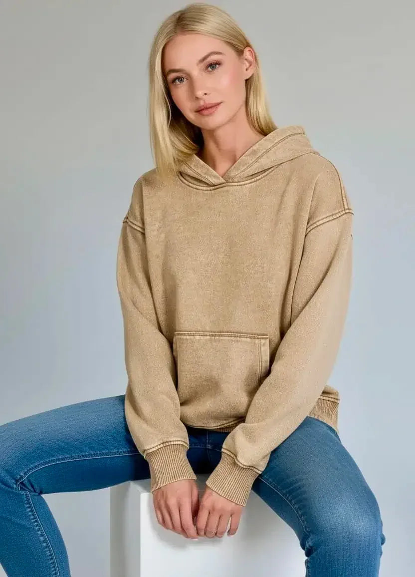 Zenana Fleece Acid Wash Kangaroo Pocket Hoodie Deep Camel - DAVERRI FASHIONS