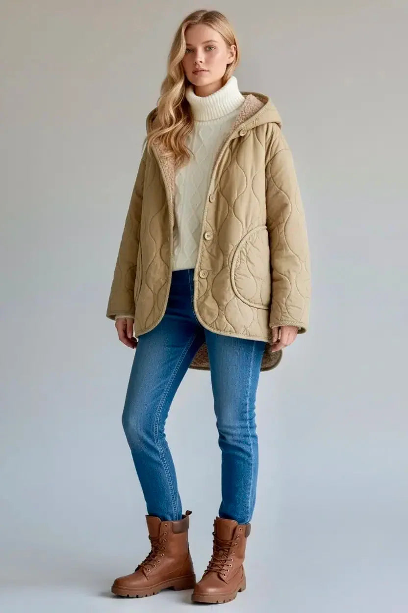 Quilted Hooded Sherpa Lined Jacket - DAVERRI FASHIONS