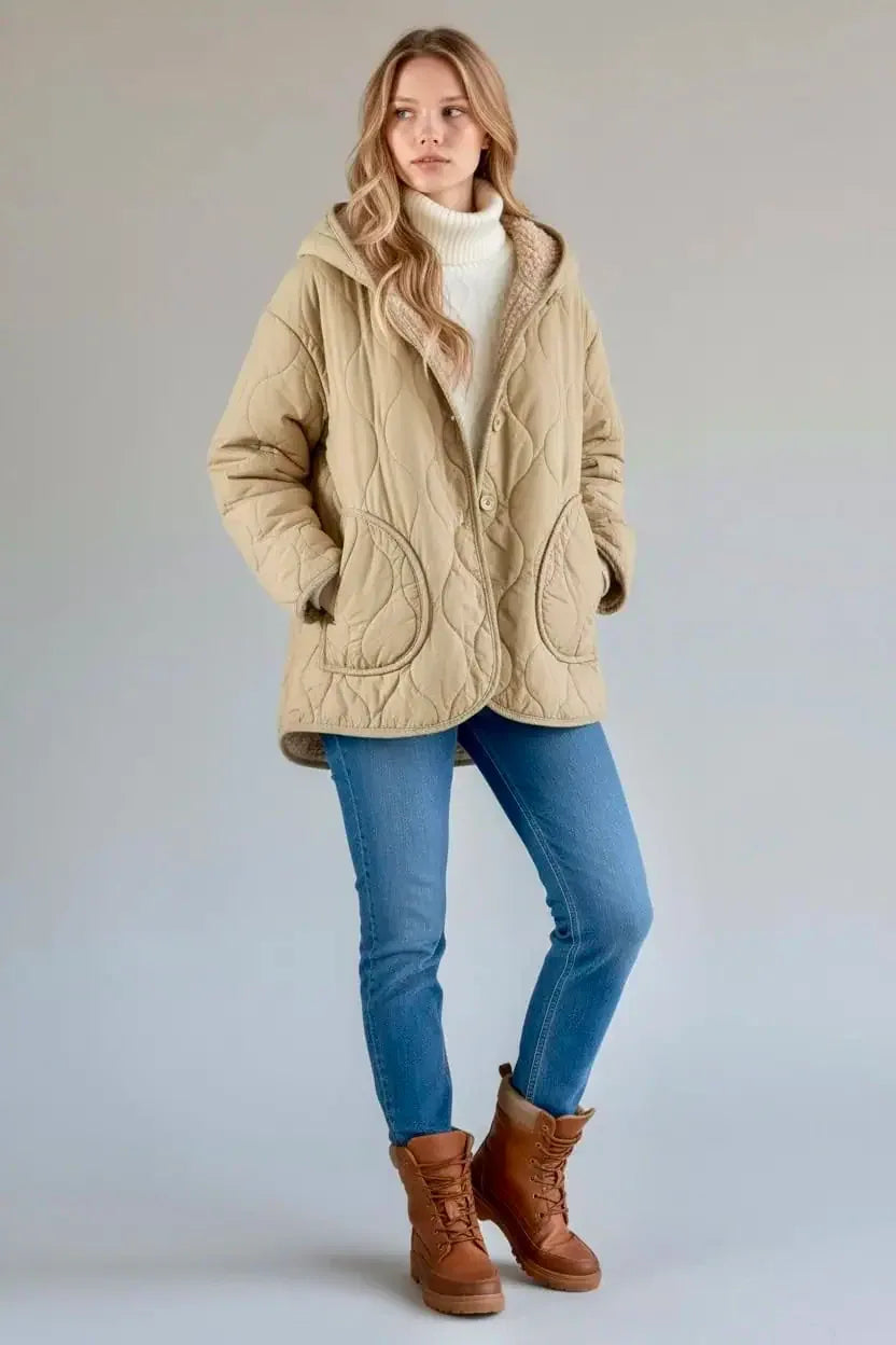 Quilted Hooded Sherpa Lined Jacket - DAVERRI FASHIONS