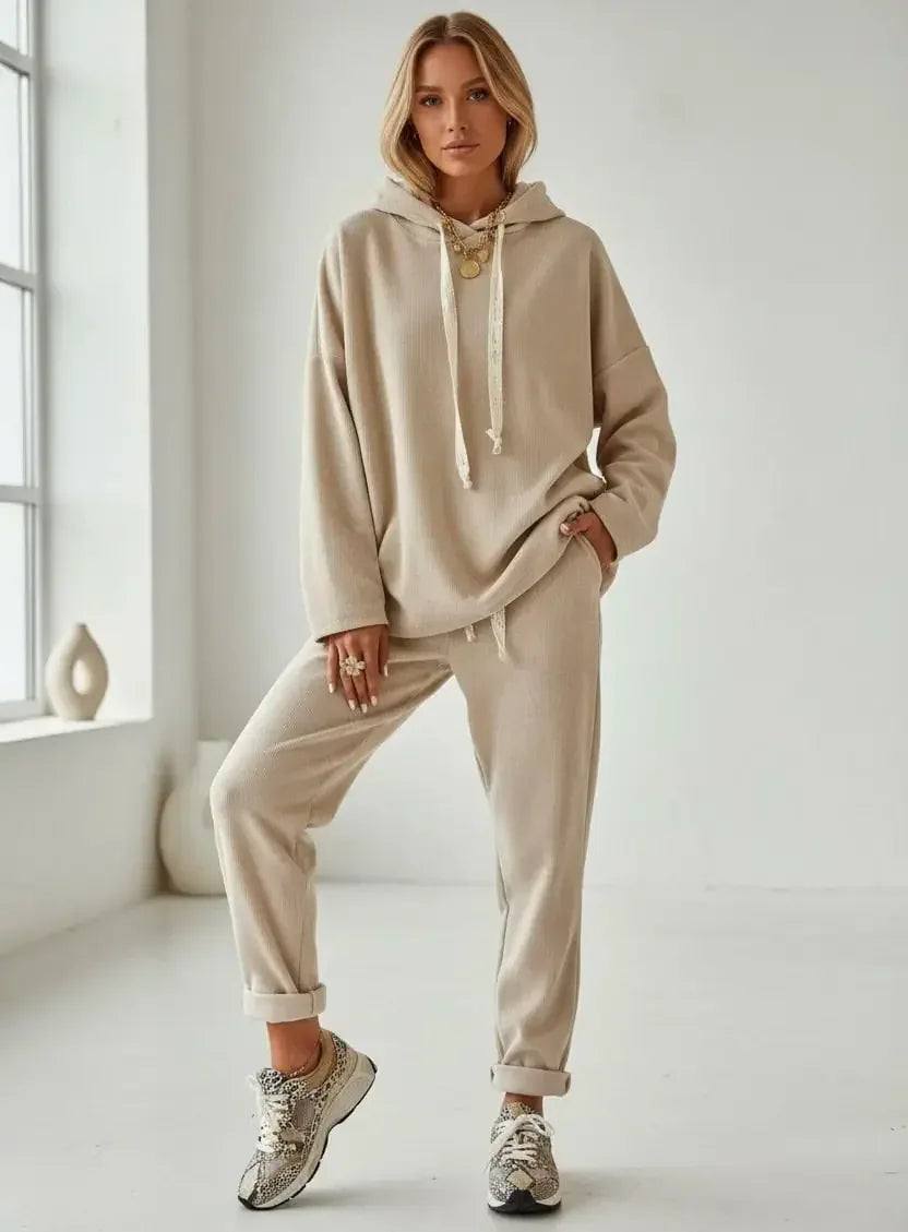 Lace Drawstring Hoodie and High Waist Pants Corduroy Set - DAVERRI FASHIONS