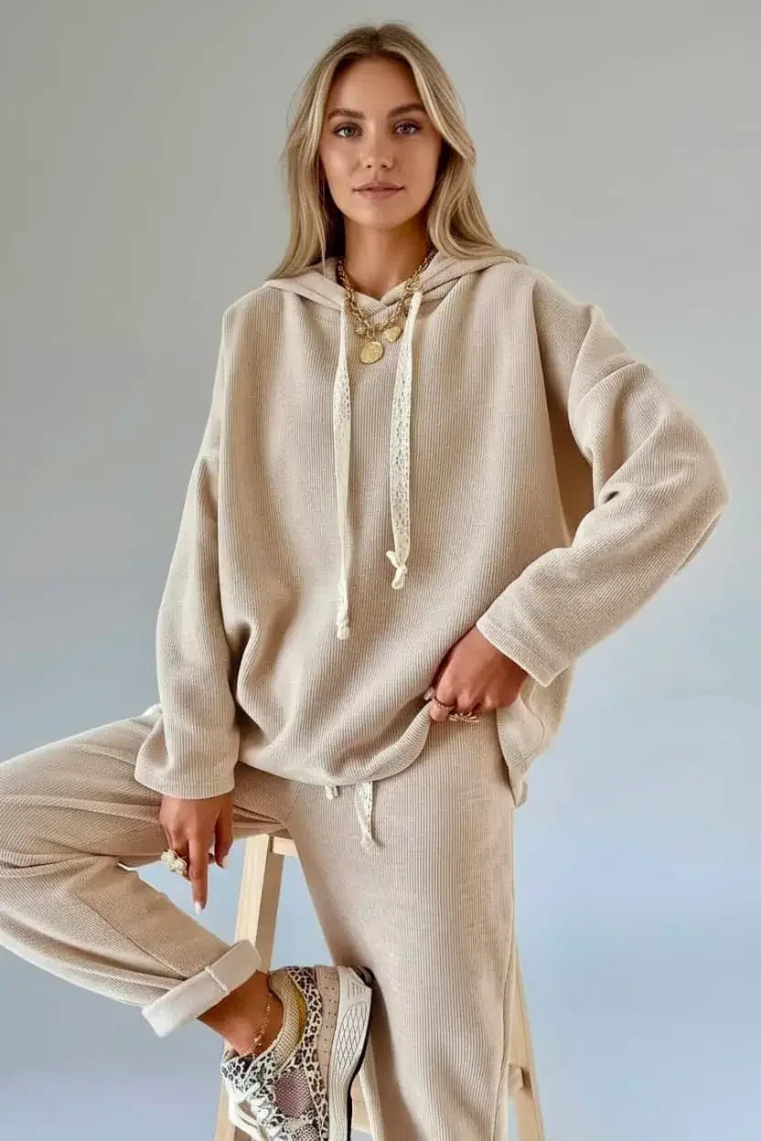 Lace Drawstring Hoodie and High Waist Pants Corduroy Set - DAVERRI FASHIONS