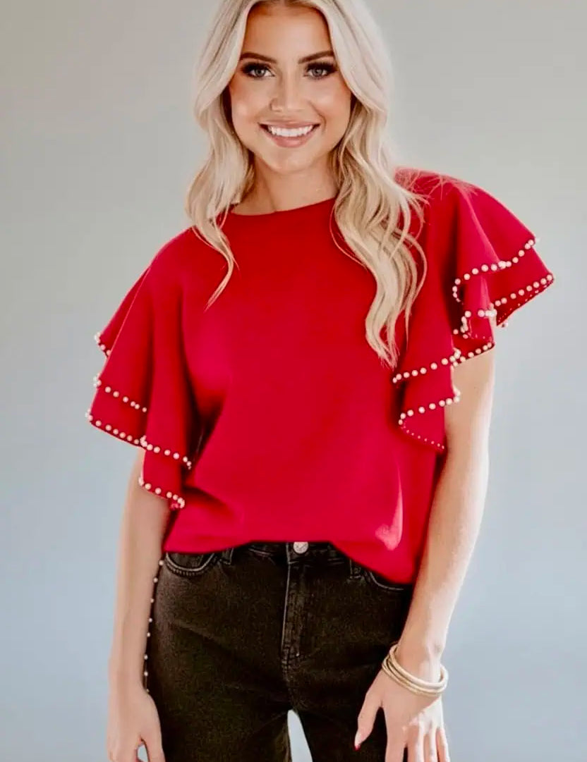 Ruffle Sleeve Pearl Embellished Knit Top | Knit Tops Daverri Fashions