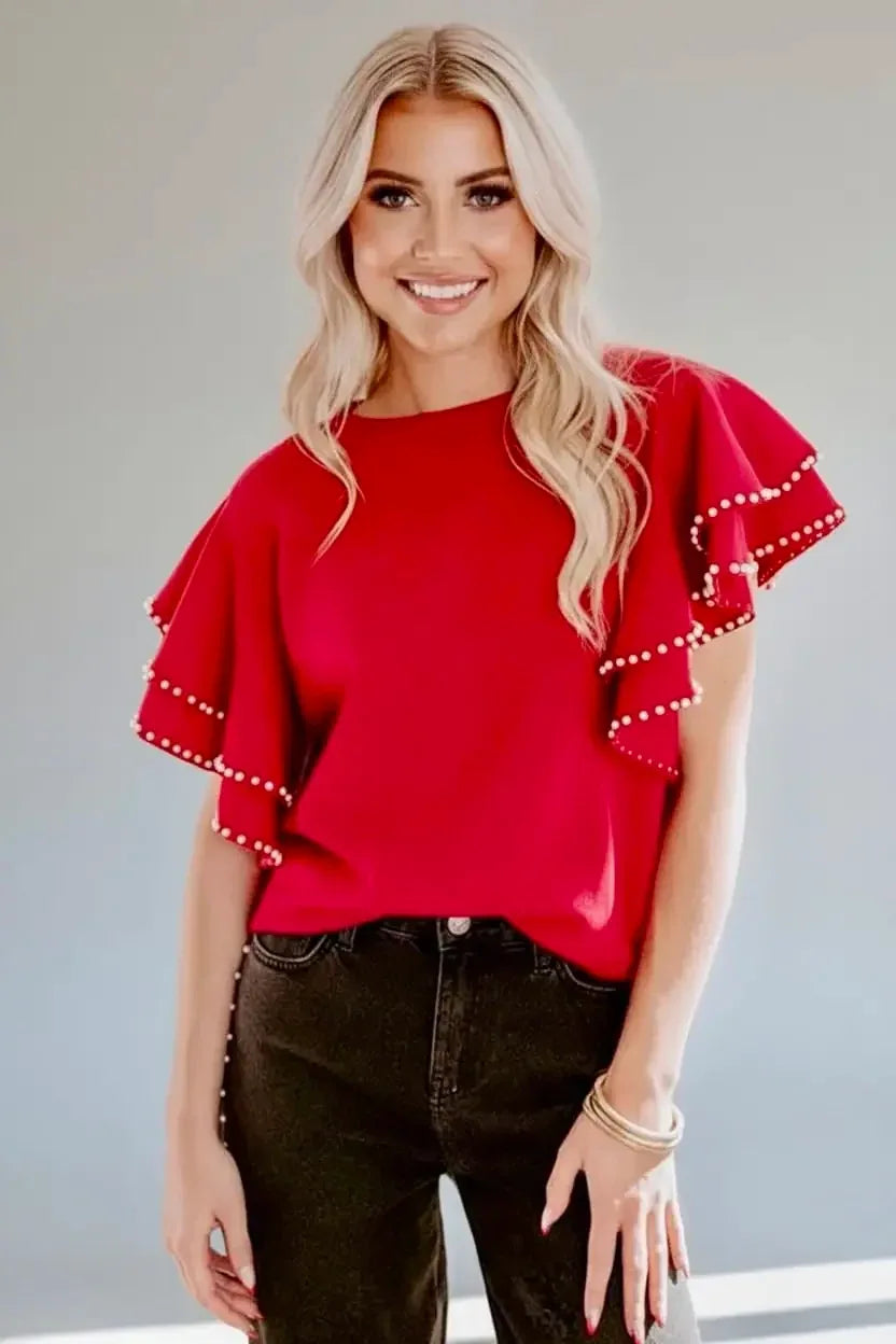 Ruffle Sleeve Pearl Embellished Knit Top - DAVERRI FASHIONS