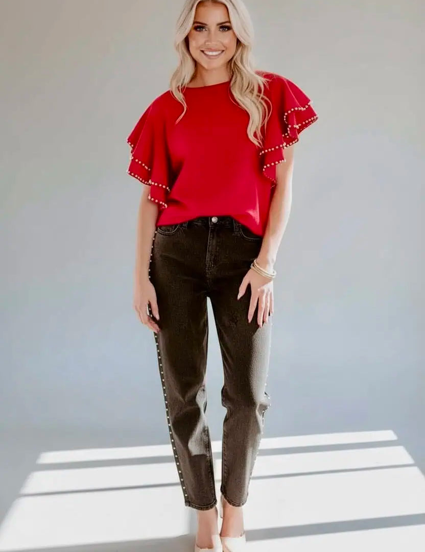 Ruffle Sleeve Pearl Embellished Knit Top | Knit Tops Daverri Fashions