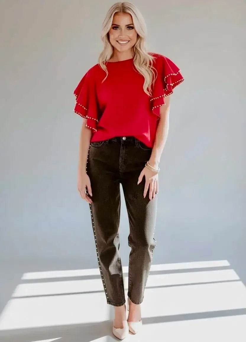 Ruffle Sleeve Pearl Embellished Knit Top - DAVERRI FASHIONS