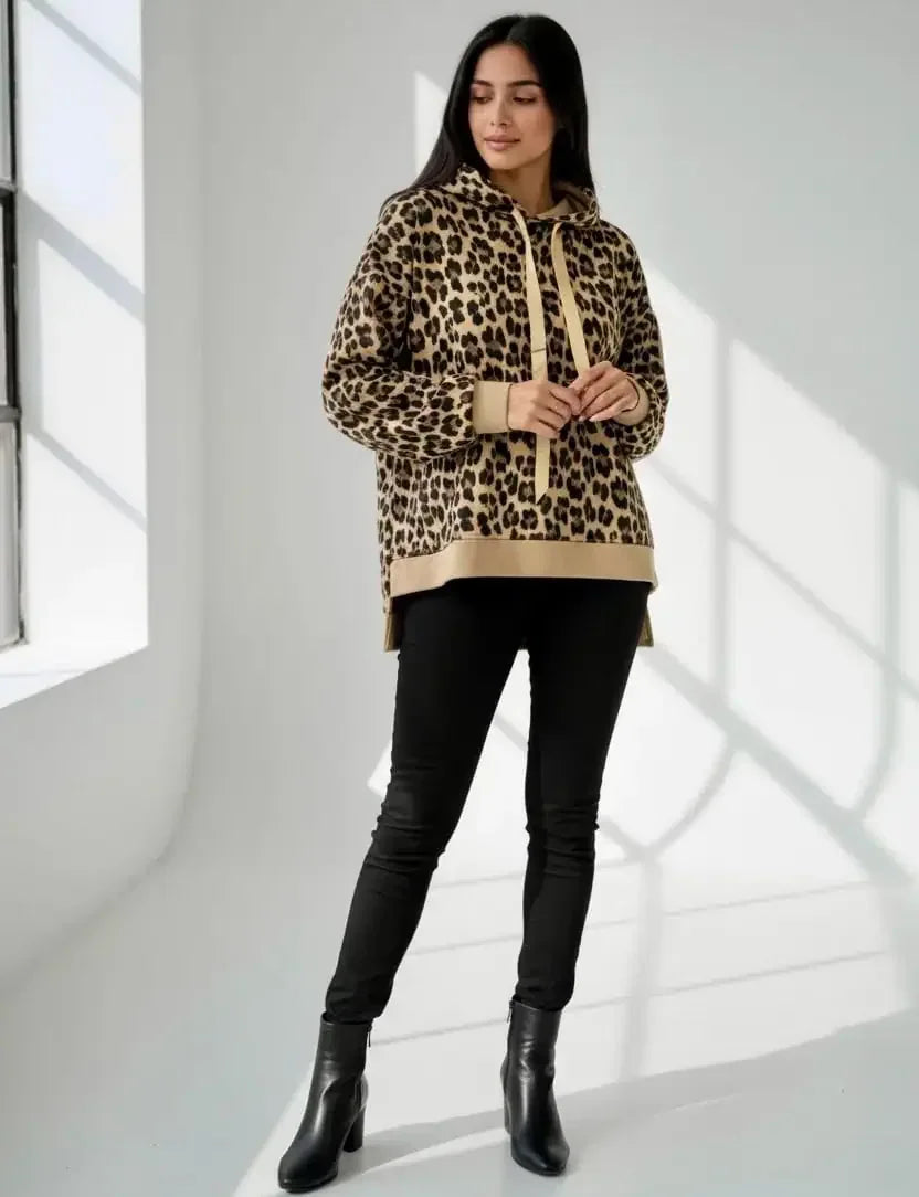 Leopard Dropped Shoulder Hoodie - DAVERRI FASHIONS