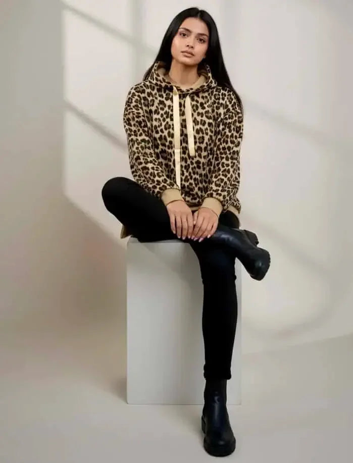 Leopard Dropped Shoulder Hoodie - DAVERRI FASHIONS
