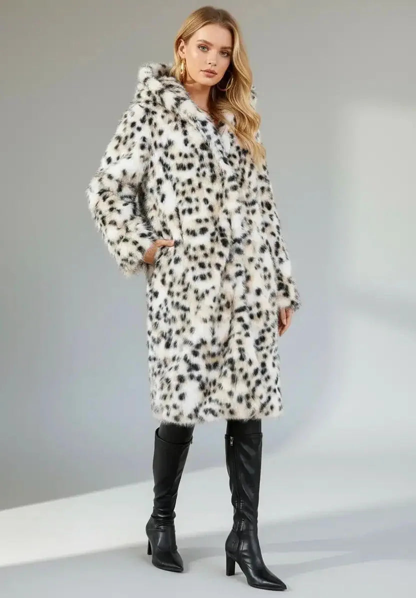 Thermal Leopard Faux Fur Hooded Coat - DAVERRI FASHIONS