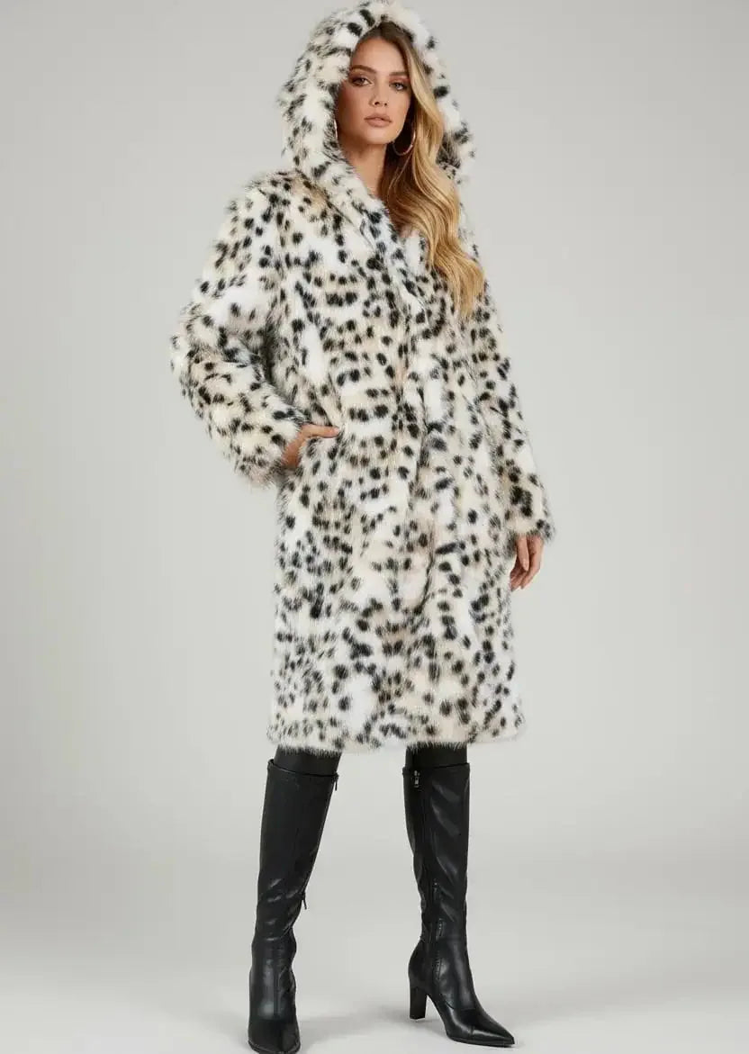 Thermal Leopard Faux Fur Hooded Coat - DAVERRI FASHIONS