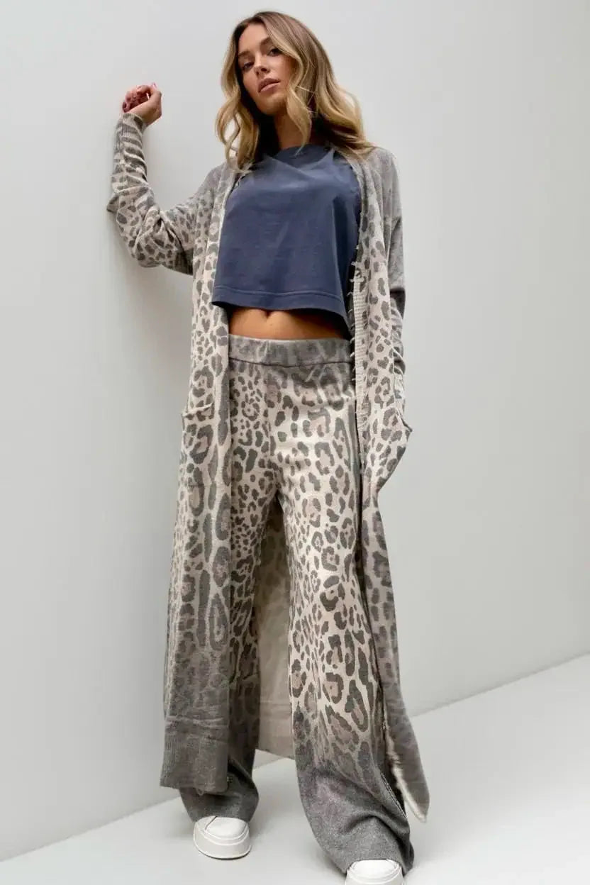Daverri Fashions Long Sleeve Leopard Print Longline Top and Pants Set - DAVERRI FASHIONS