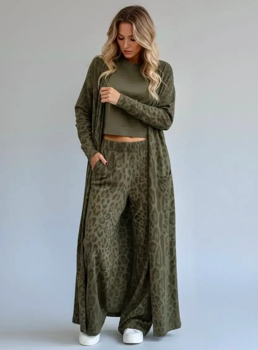 Daverri Fashions Long Sleeve Leopard Print Longline Top and Pants Set - DAVERRI FASHIONS