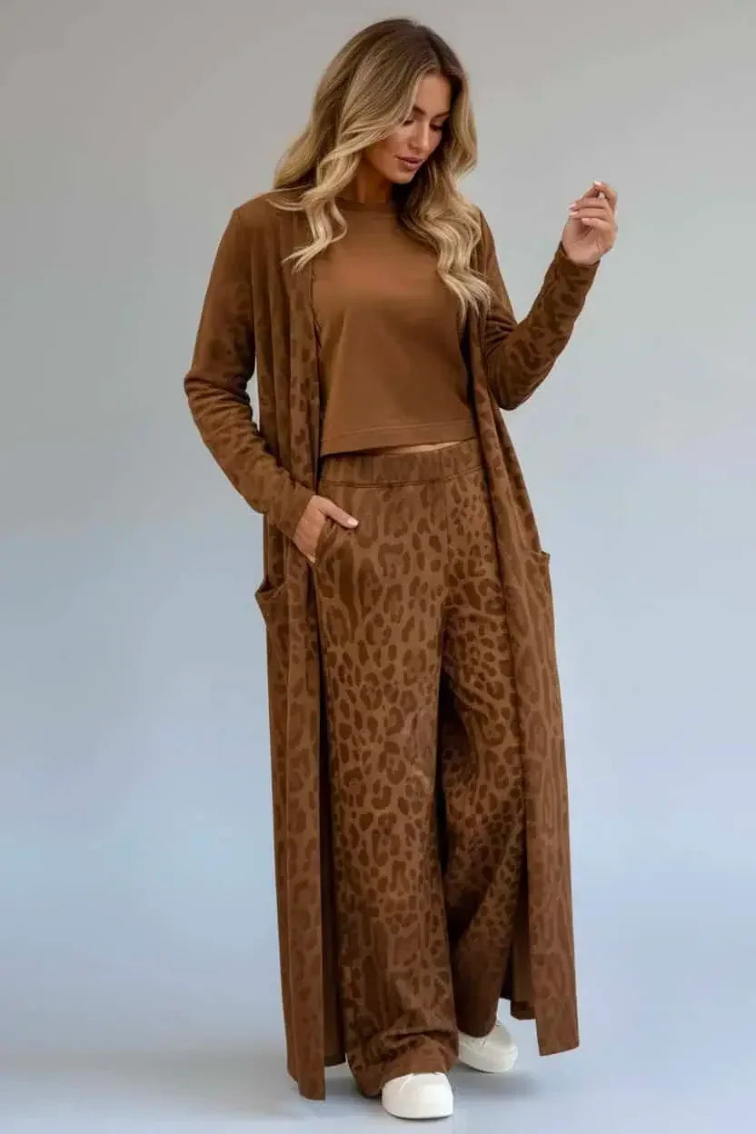 Daverri Fashions Long Sleeve Leopard Print Longline Top and Pants Set - DAVERRI FASHIONS