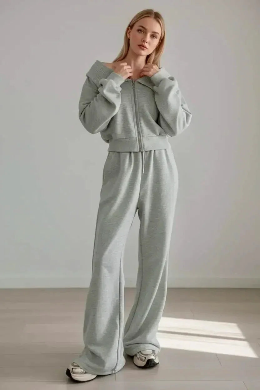 Zip Up Long Sleeve Top and Pants Set - DAVERRI FASHIONS