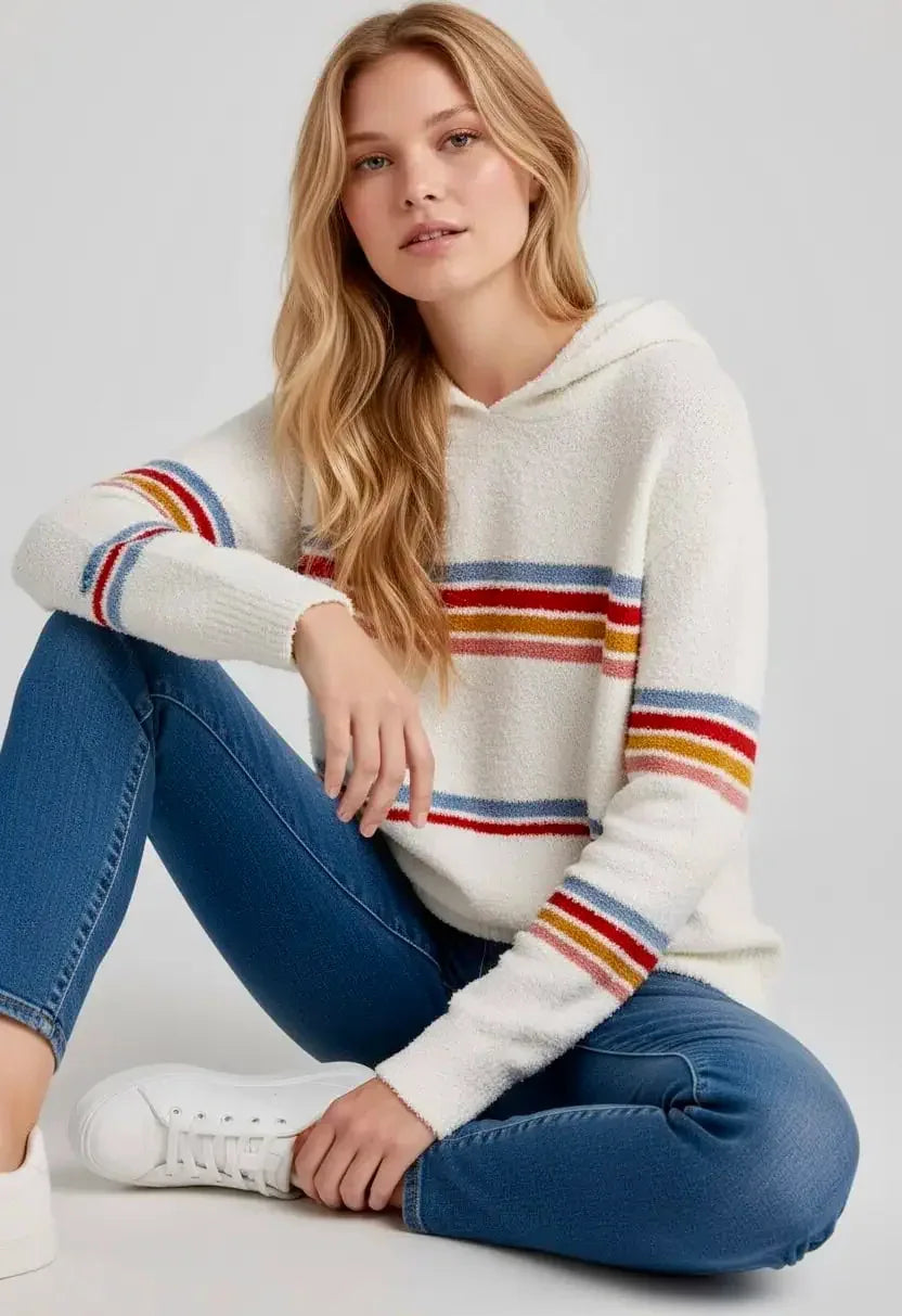 Multicolored Striped Accent Hooded Popcorn Sweater - DAVERRI FASHIONS