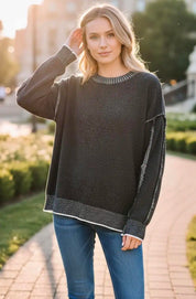Zenana Exposed Seam Round Neck Two-Tone Sweater | Sweaters Daverri Fashions