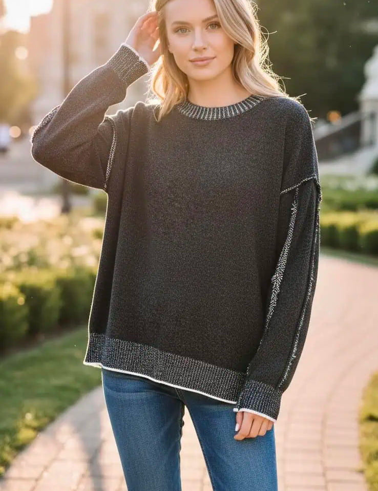 Zenana Exposed Seam Round Neck Two-Tone Sweater | Sweaters Daverri Fashions