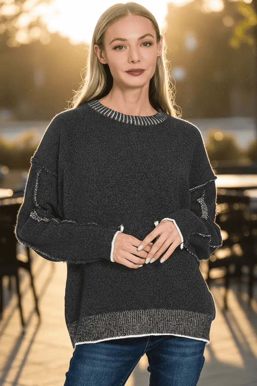 Zenana Exposed Seam Round Neck Two-Tone Sweater | Sweaters Daverri Fashions