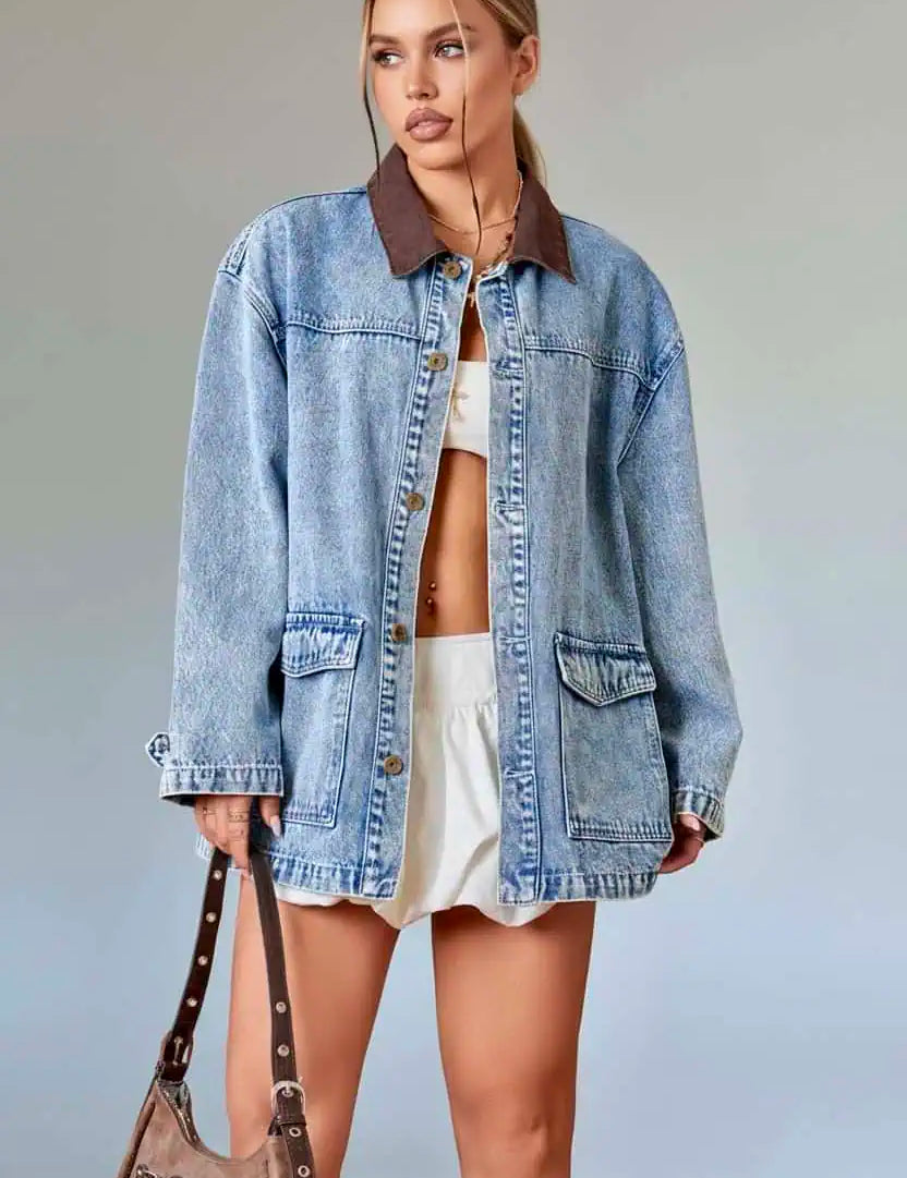 Vintage Wash Denim Jacket with Contrast Collar | Denim Jackets Daverri Fashions