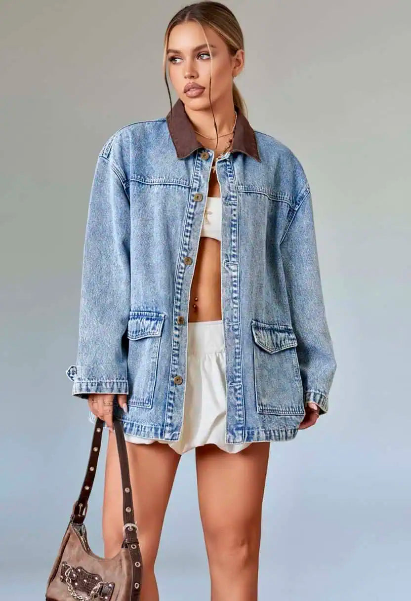 Vintage Wash Denim Jacket with Contrast Collar | Denim Jackets Daverri Fashions