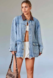 Vintage Wash Denim Jacket with Contrast Collar | Denim Jackets Daverri Fashions