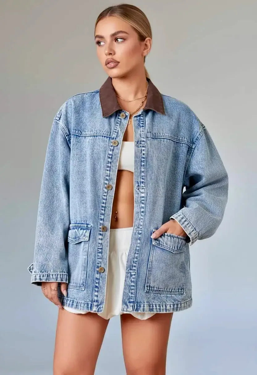 Vintage Wash Denim Jacket with Contrast Collar - DAVERRI FASHIONS