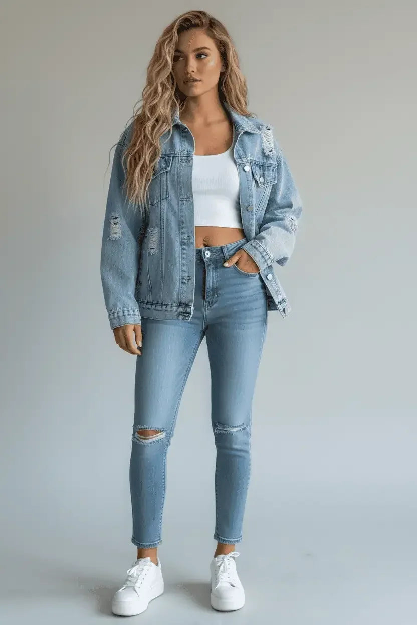 Distressed Wash Button Up Denim Jacket - DAVERRI FASHIONS