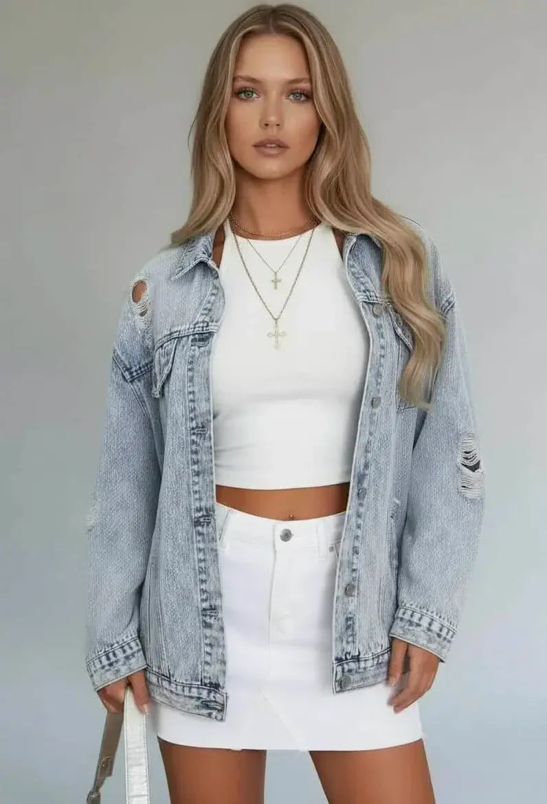 Distressed Wash Button Up Denim Jacket - DAVERRI FASHIONS